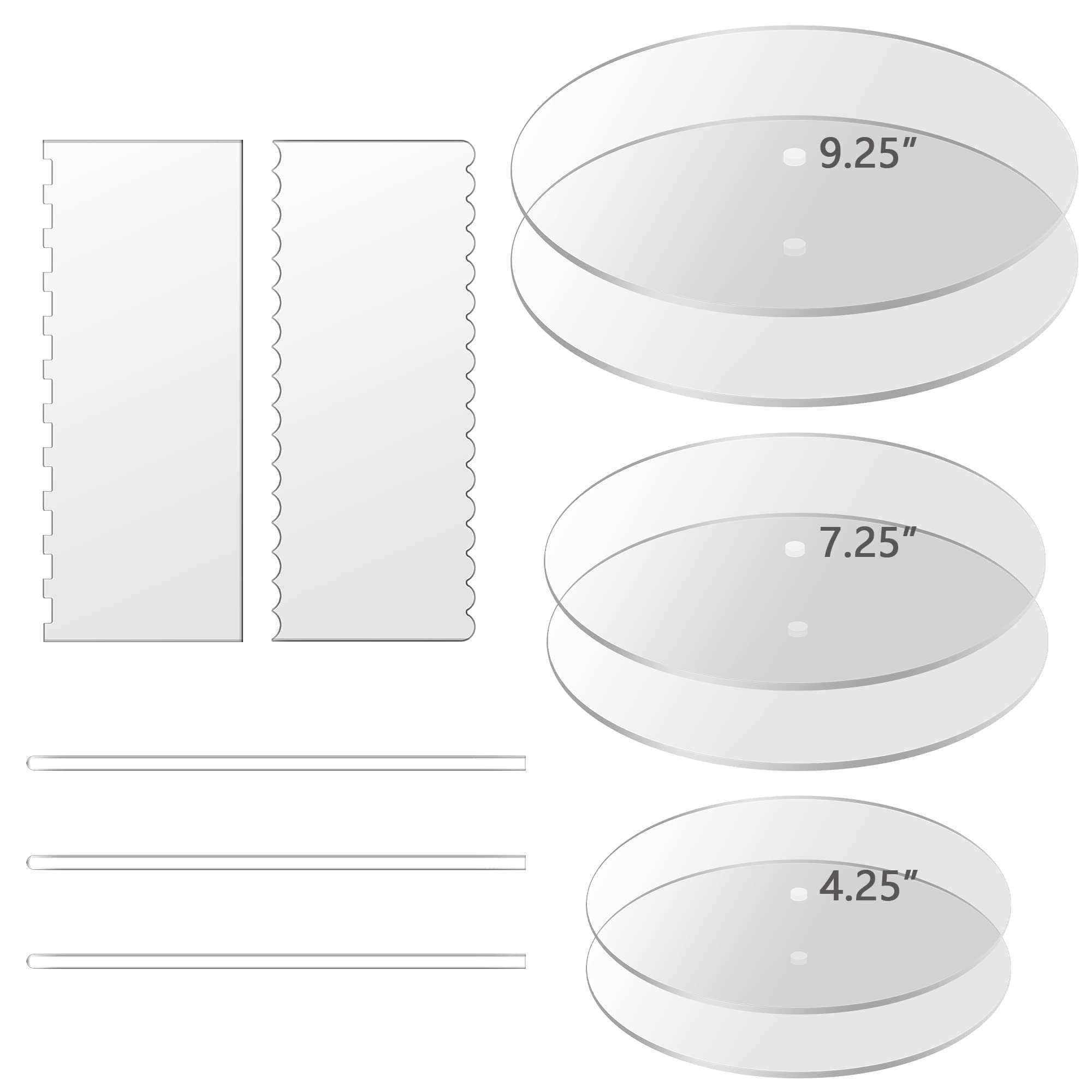 Boyun Acrylic Cake Discs, Clear, 4.25/7.25/9.25 Inch, 2 Each, 2 Icing Scrapers, 3 Center Dowels, Modern Style, Perfect for Birthday & Christening Cakes