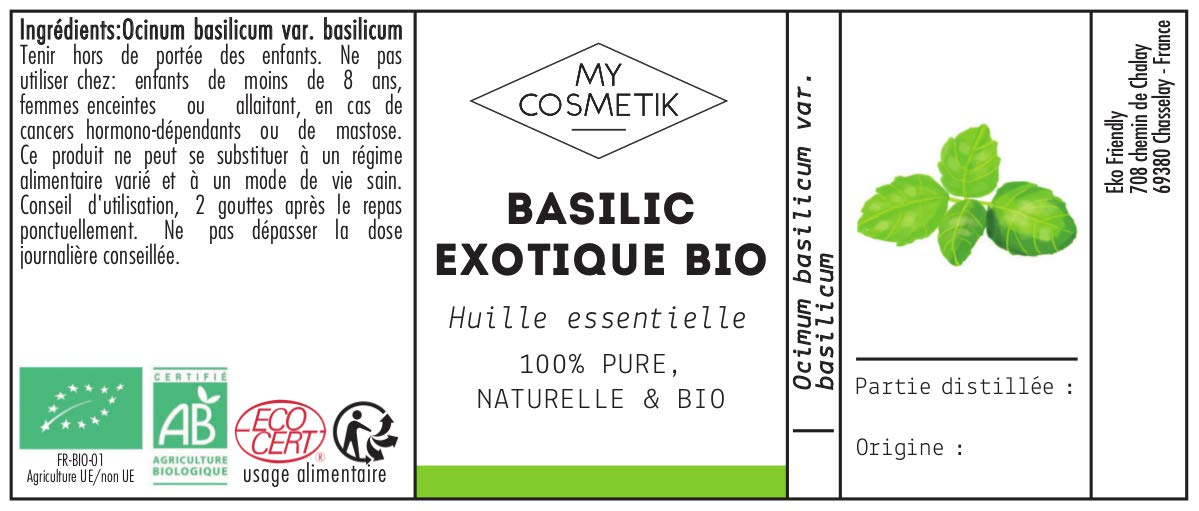 MyCosmetik - Huile Essentielle de Basilic exotique BIO AB - Issue de l'agriculture Biologique - Chémotypées HEBBD/HECT - 100% pure et naturelle - Certifié ECOCERT - Fabriqué en France - 5 ml - 2