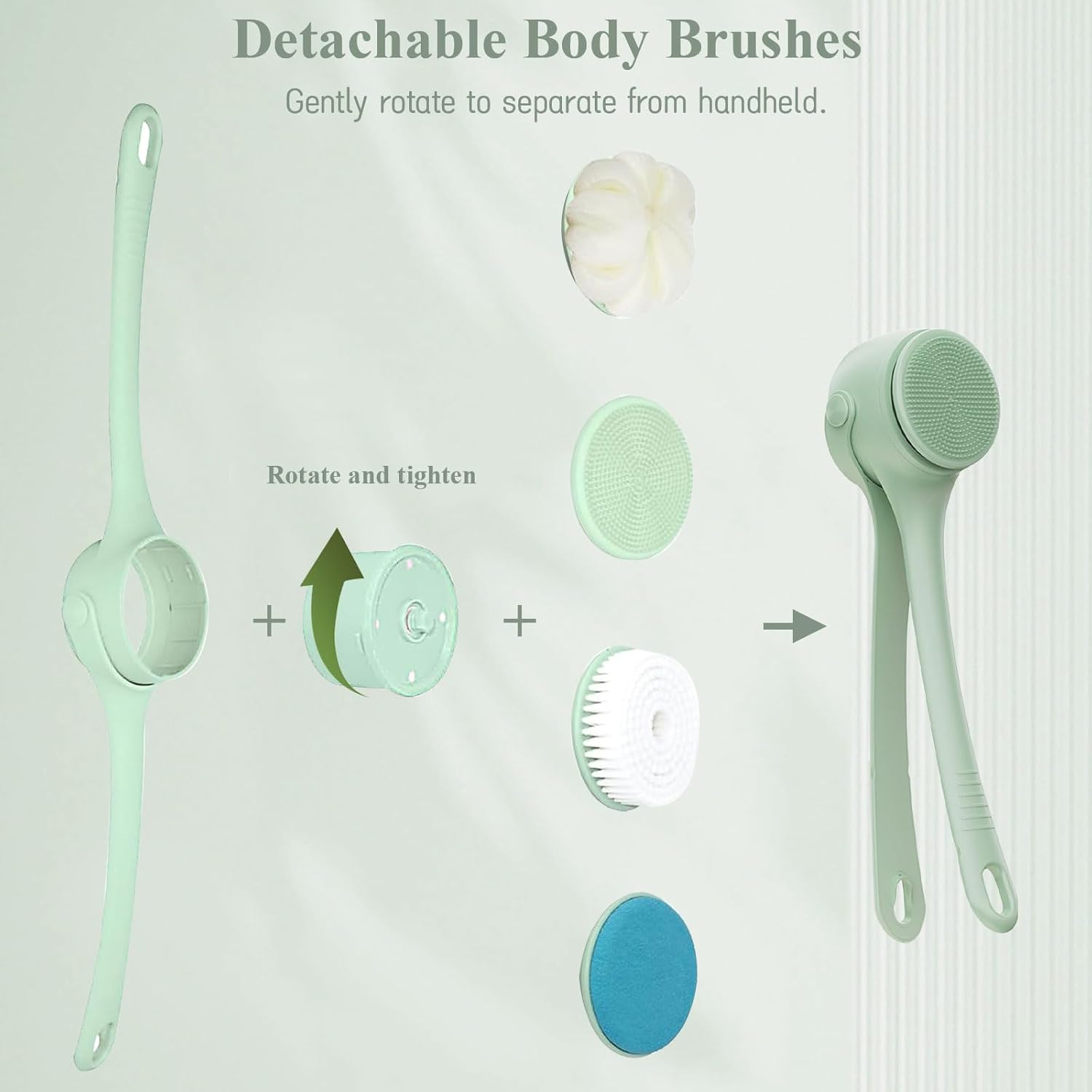Electric Body Brush, 4 in 1 Back Scrubber for Shower, Detachable Bath Brushes with Long Single Dual Handle, 2-Speed Rotating Body Brushes for Exfoliating and Massaging, Waterproof Bath Brush (Green) - Image 5