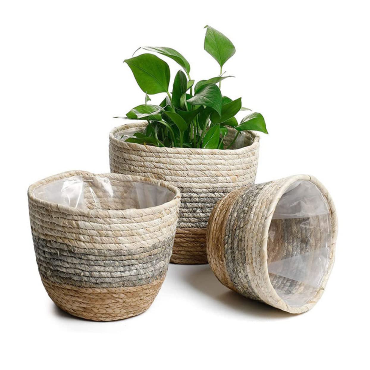 DOITOOL Paniers Tressés en Paille Cache-Pot Décoratif Lot de 2 Créant Une Ambiance Estivale Chaleureuse pour Plantes et Fleurs pour Terrasse