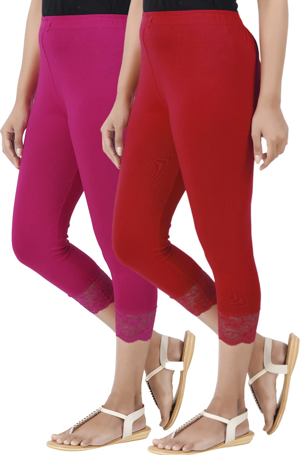 Combo Pack of 2 Women Skinny Fit 3/4 Lace Capris Leggings for Large Rani Pink Red-image-27
