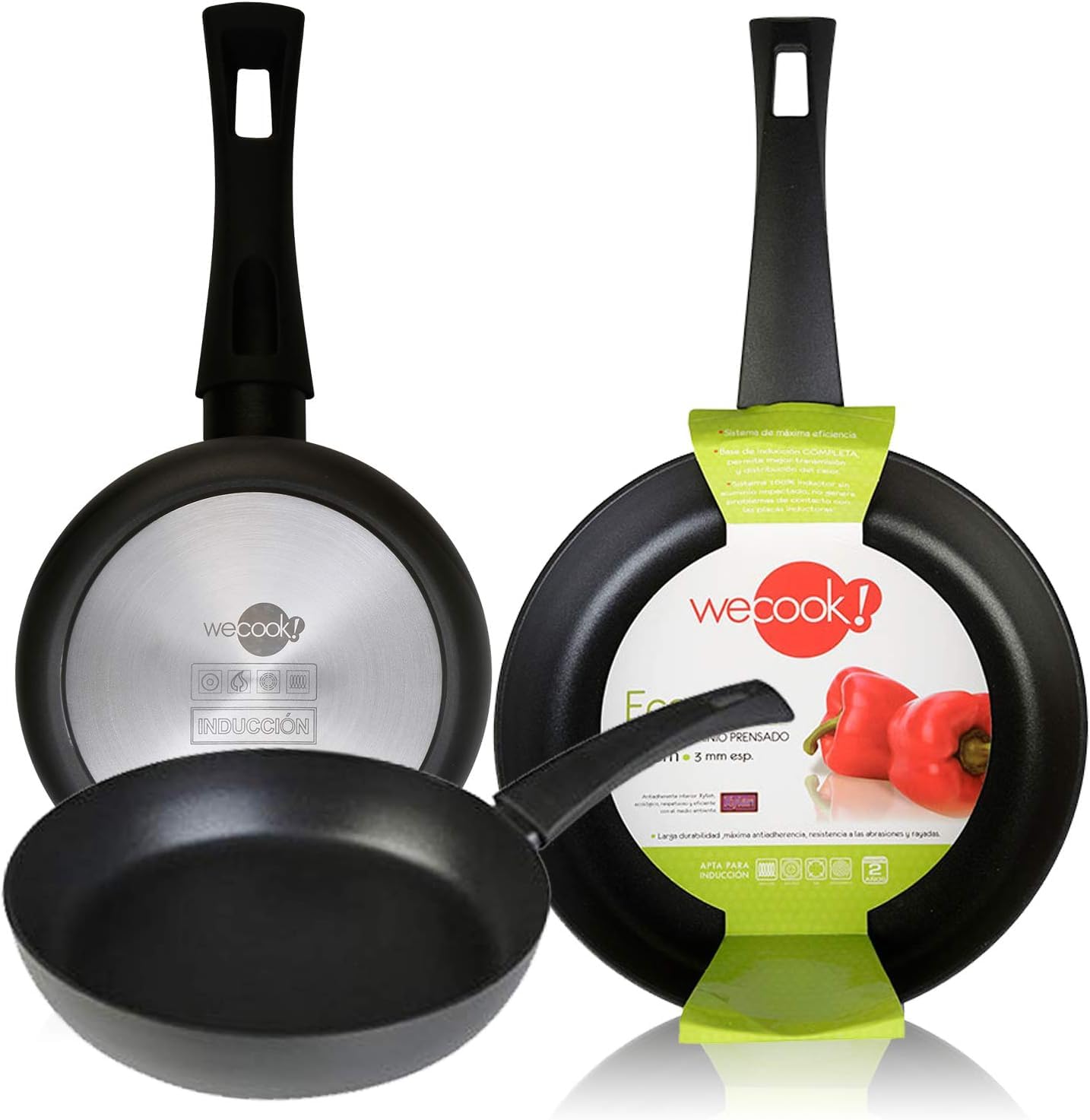 Wecook! Ecogreen Juego de Sartenes Antiadherentes Set de 3 sartenes 20-24-28 cm de Aluminio Prensado – Apta para todas las cocinas Inducción, Gas y Vitrocerámica, libre PFOA, Mango Soft Touch, Negro
