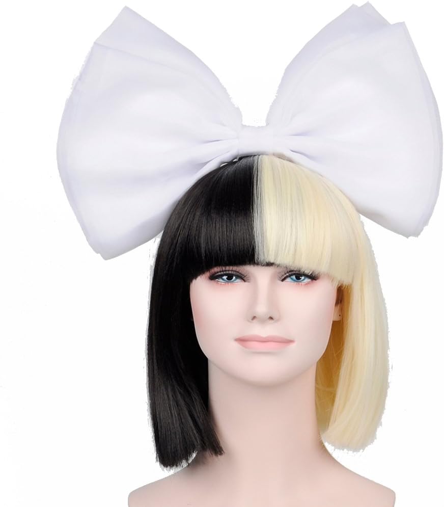 Wig Fashion Star Short Bob Straight Hair Fashion Wig Straight Bang Synthetic Wig +Big White Bow (Black Mixed Golden)