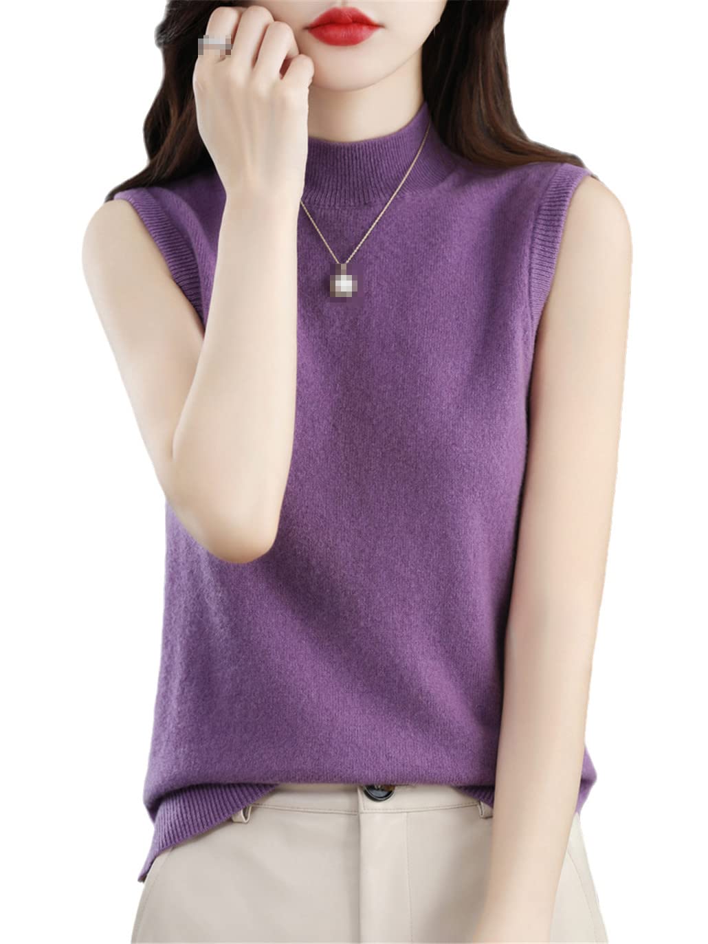 SaoBiiu Confortevole Sexy Mezzo Alto Collo Gilet Delle Donne Tinta Unita Pullover Senza Maniche Manica Corta T-Shirt, Viola, S