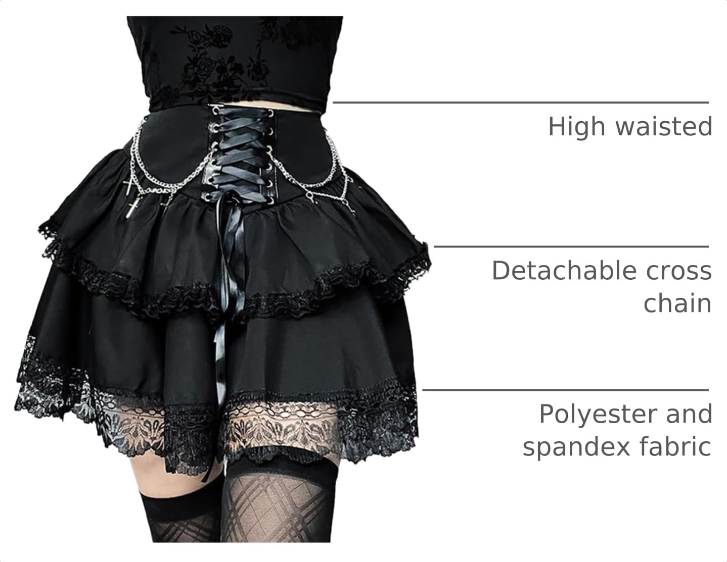 Womens Y2k Goth Plaid Mini Skirt Tie Waist Lace Up Fluffy Double Layered Ruffles Punk Pleated Skirts with Chain image 4