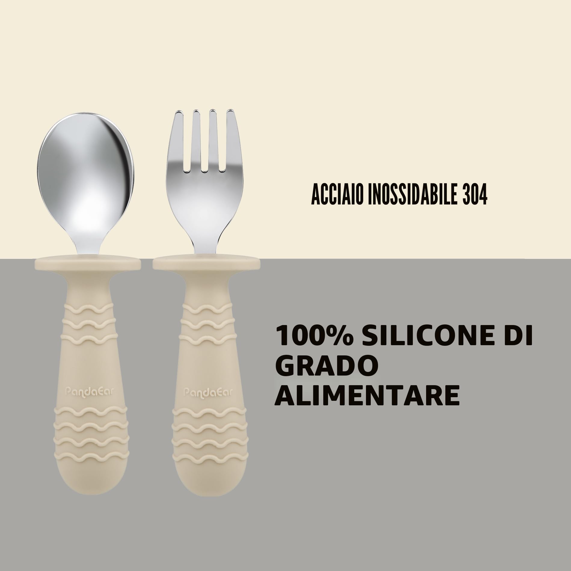 PandaEar Set da 2 Piatti in Acciaio Inossidabile con Ventosa per Neonati e Set da 2 Cucchiai e Forchette, Ustensili per Bambini, Piatti Divisi per Alimentazione Autonoma (Marrone chiaro/Noce)