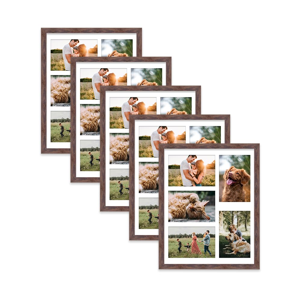 Walnut Multi Photo Frame - Holds 5 x 6x4 Pictures, Family Collage Picture Frame for Wall Display, 14x11 Frame size, Set of 5