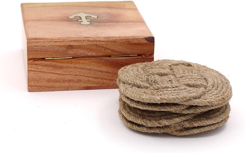 Best Deal Cheap 🛒 RII Coasters for Beverages, Surface-Protecting, Vintage Woven Coasters for Table Care, Absorbs Moisture Well, Handcrafted Sailor Coaster Set with Hard Wooden Case, Set of 4