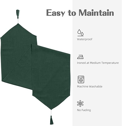 Miniatura 5 de Camino de mesa estilo lino con borlas, lavable, rústico, para decoración de mesa de comedor, café, sala de estar, Navidad, Acción de Gracias (verde