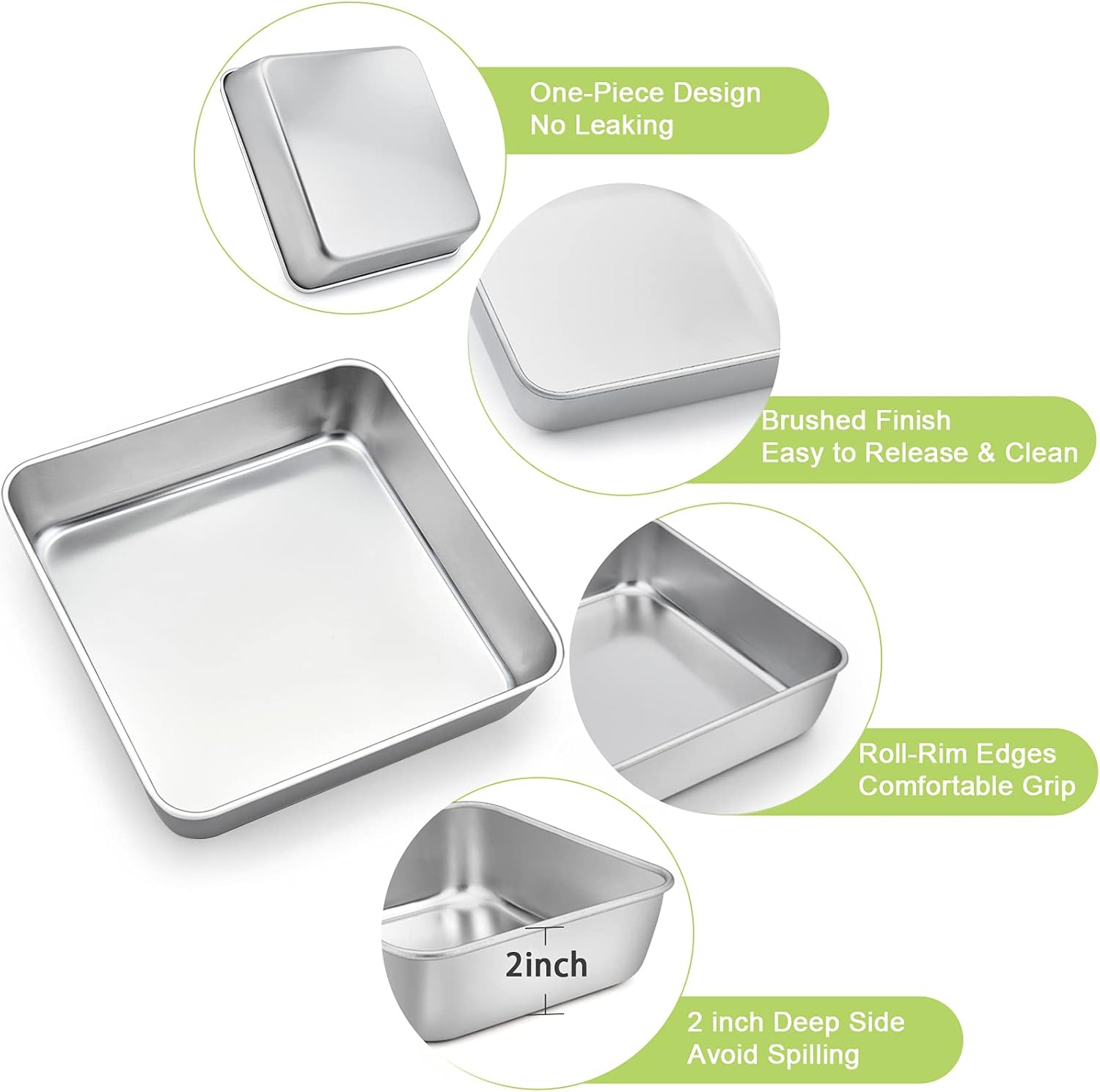 TeamFar Square Cake Pan, 9 Inch Stainless Steel Square Baking Roasting Pan for Cake Brownie Lasagna, Non-Toxic & Heavy Duty, One Piece Design & Smooth, Dishwasher Safe & Easy Clean - Image 3