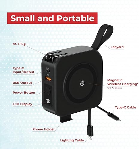 Miniatura 8 de BlackboxMyCar Power Mini 10000, cargador portátil para iOS y Android, artículos esenciales de viaje portátiles, con soporte para smartphone, cables