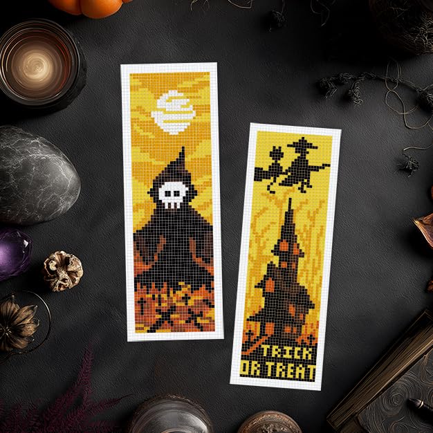 Image of INFUNLY Halloween Cross Stitch Bookmarks Kit Evil Pumpkin Handmade Cross Stitch Bookmarks Skeleton Ghost Embroidery Bookmark Trick or Treat DIY Cross Stitch Set with Instruction for Adults Book Lover