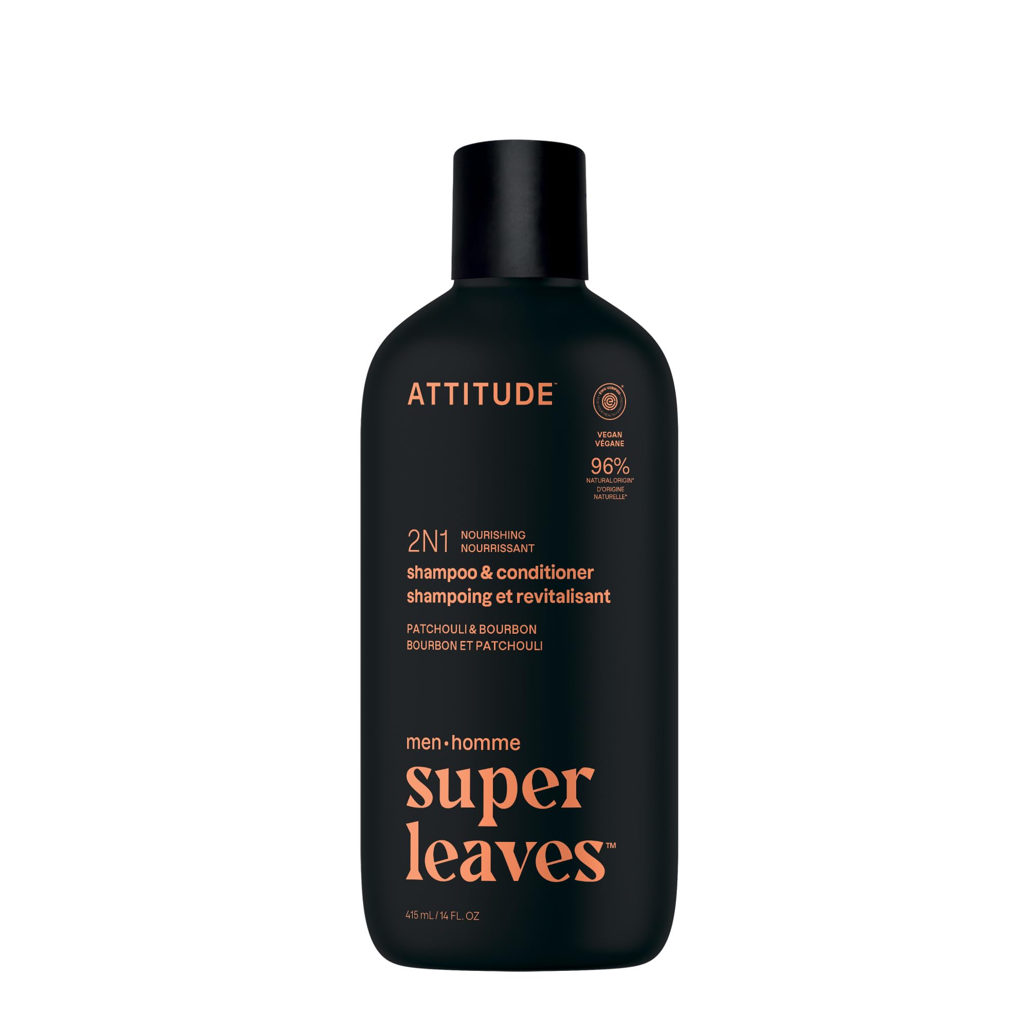 ATTITUDE Men's Shampoo and Conditioner 2-in-1, Nourishing For Dry Hair and Scalp, With Panthenol and Ginseng, 97% Natural Origin Ingredients, EWG Verified, Patchouli & Bourbon, 415 mL