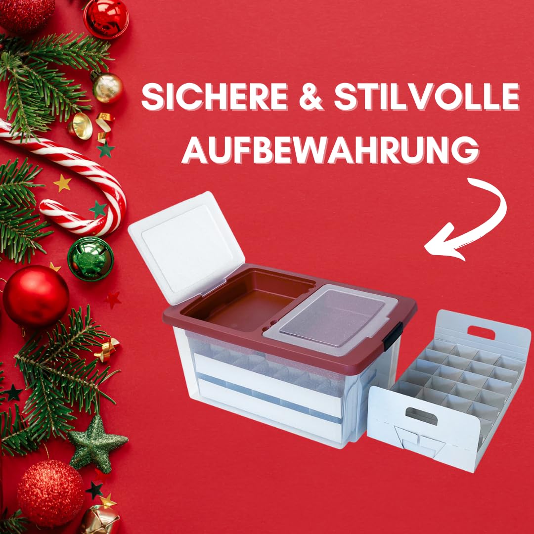 Weihnachtskugeln Aufbewahrungsbox für 71 Kugeln | Extrafach im Deckel | Große & stabile Glitzer-Weihnachtsbox | Verschließbarer Deckel | Christbaumkugeln | Christbaumschmuck | Deko