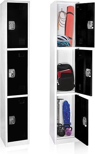 AdirOffice Armario escolar grande con 3 puertas y 3 ganchos para almacenamiento de garaje, armarios de almacenamiento de oficina (3 puertas, negro)