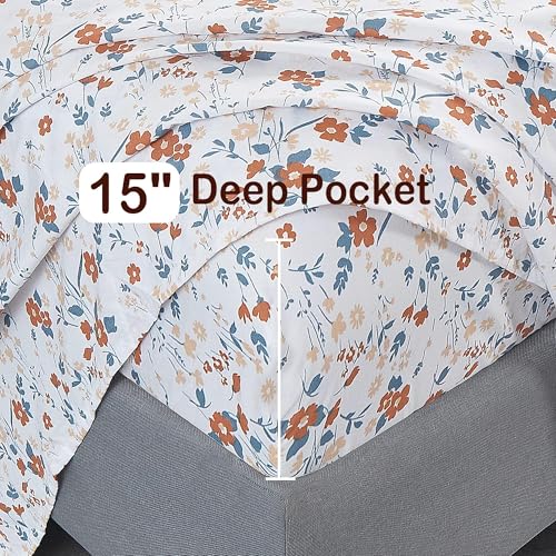 Image of Softan Floral Full Sheet Set, Orange Flower Printed Bed Sheets - 4 Piece Soft Microfiber Patterned Fitted Sheets with 15 inch Deep Pocket & Non-Slip Straps, Cute Flower Sheets & Pillowcase Set