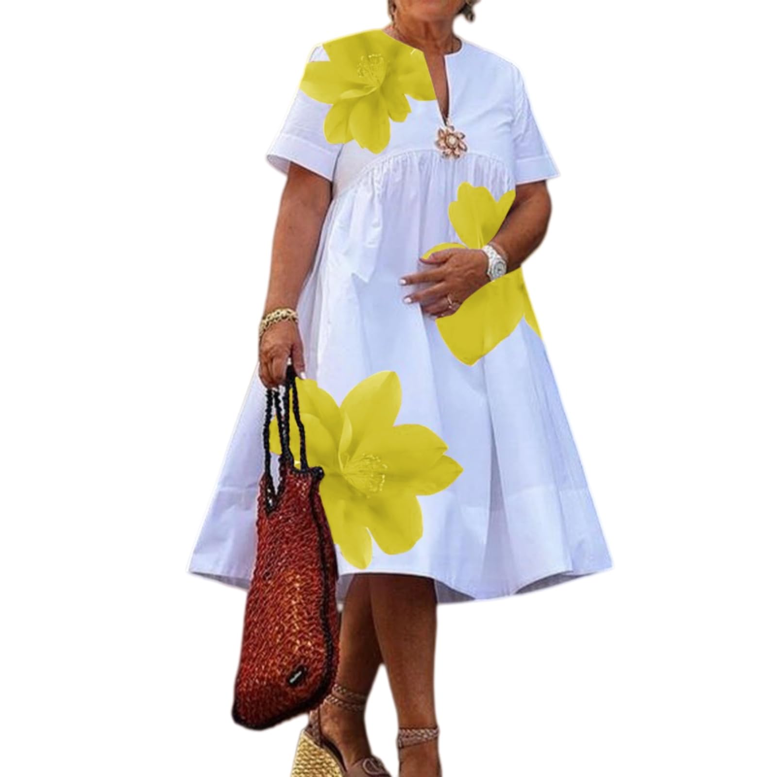 Vestito Elegante Donna Fiore Midi Abito V Collo Manica Corta Piegato Sciolto Vacanza Estivo Casual-Light Green-XXL