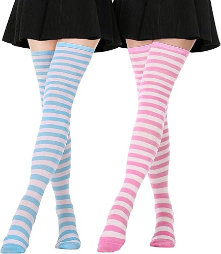 DRESHOW Calcetines altos extra largos a rayas sobre la rodilla medias finas medias largas