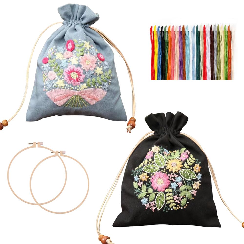 PAIKIUU Set Ricamo Per Principianti 2 Pezzi Con Telaio 20 Cm E Fiori Piante - Fai Da Te Adulti