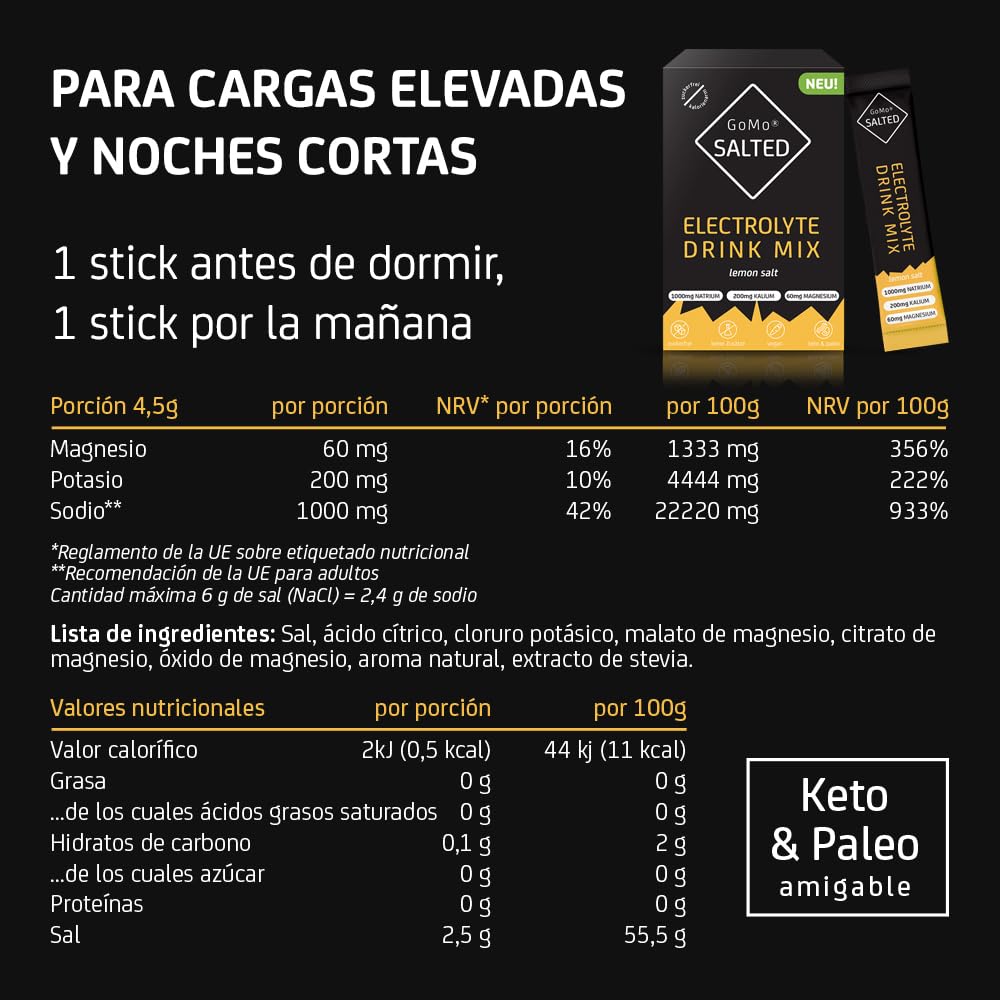 GoMo SALTED Hydration Aid | Electrolitos sin azúcar bajo en calorías | absorción de agua mejorada e hidratación rápida | 30 porciones de polvo deportivo electrolítico con sal alpina suiza | Limón