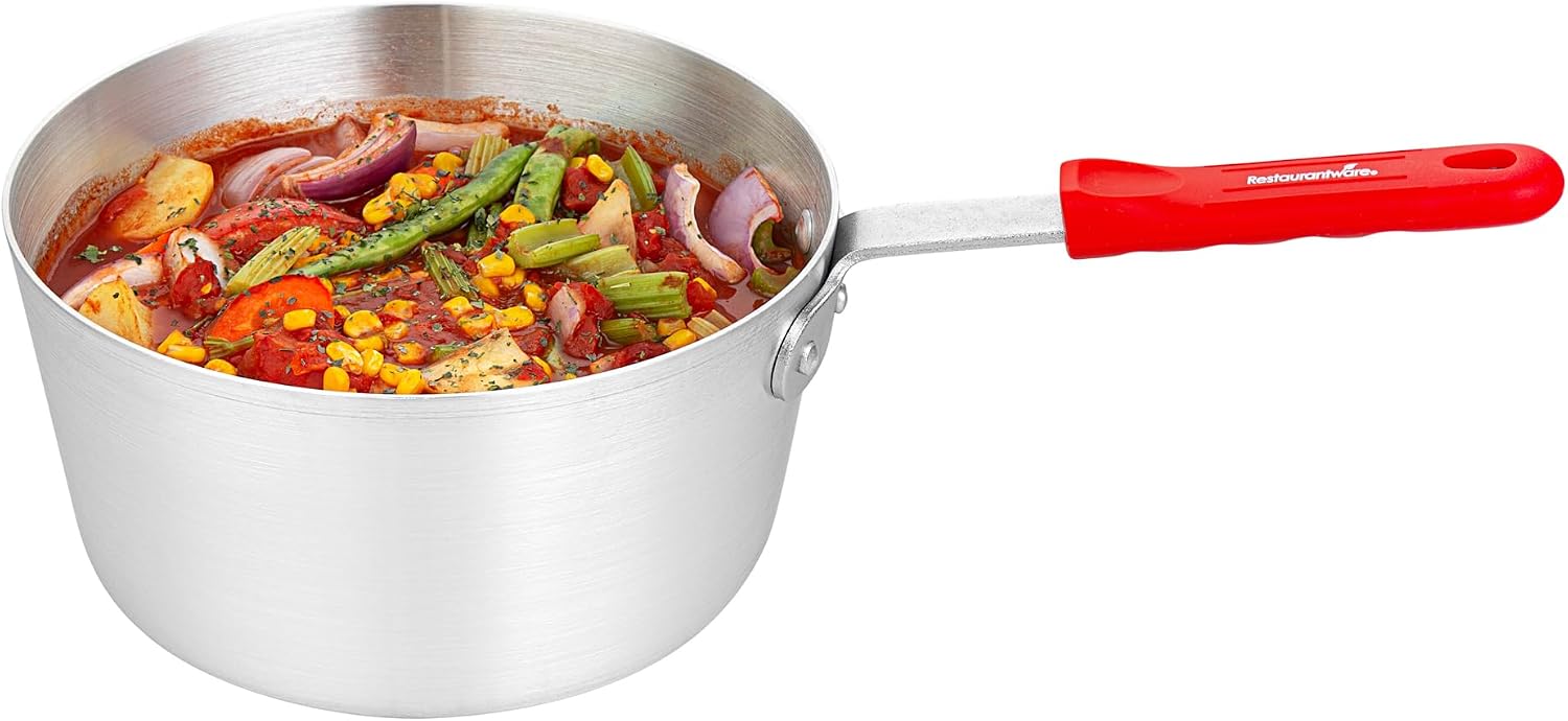 Restaurantware 4.5 qt Red Aluminum Tapered Sauce Pan, 12 Pack