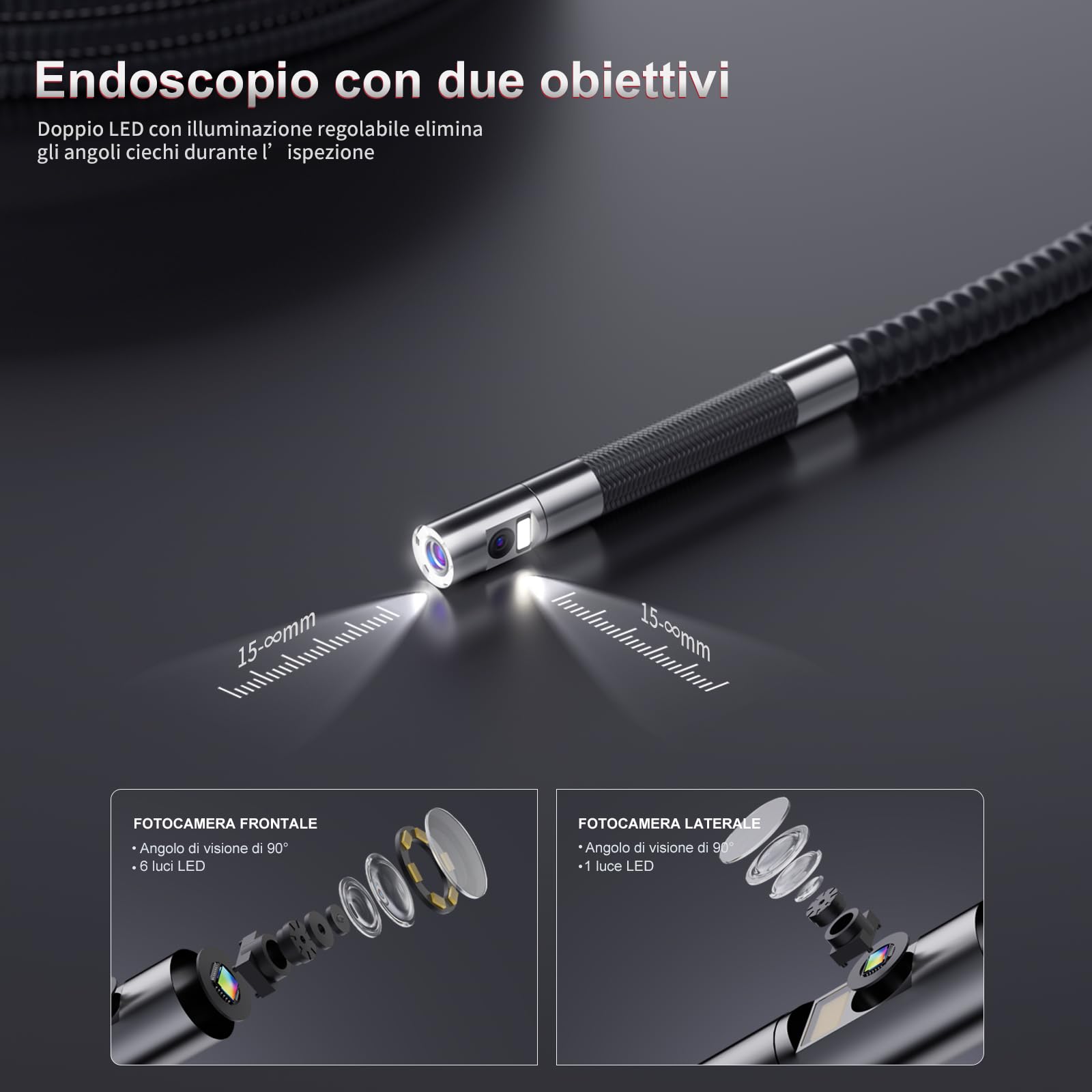 Ralcam Telecamera Endoscopica con Luce, Borescopio Doppio 6,5 mm con Testa Mobile 180°, Schermo HD IPS da 5", Telecamera di Ispezione Impermeabile IP67 con Cavo Semirigido da 1,5 m