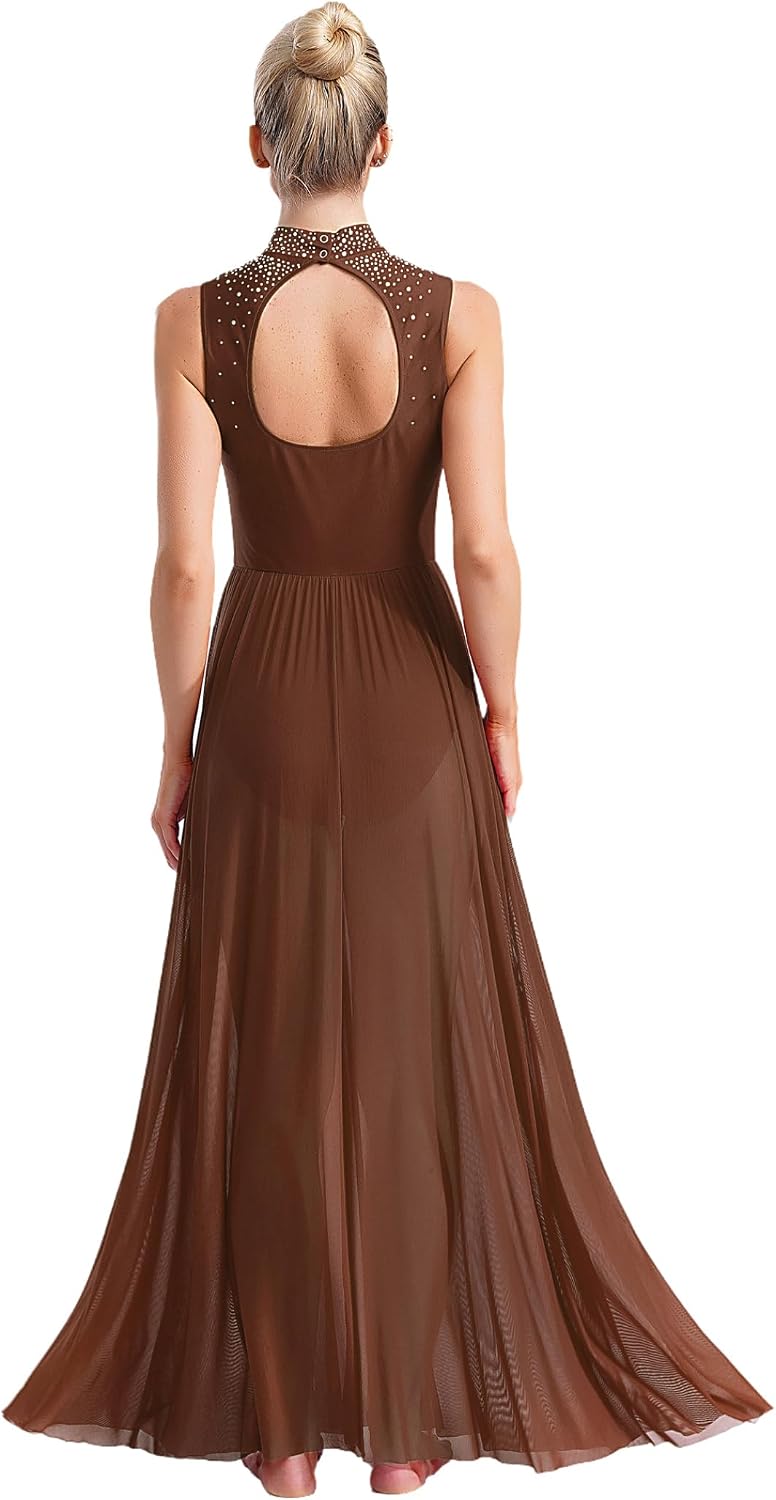 JEYPINMI Women's Long Lyrical Dance Costume Sleevelss Modern Contemporary Dance Dress Dancewear