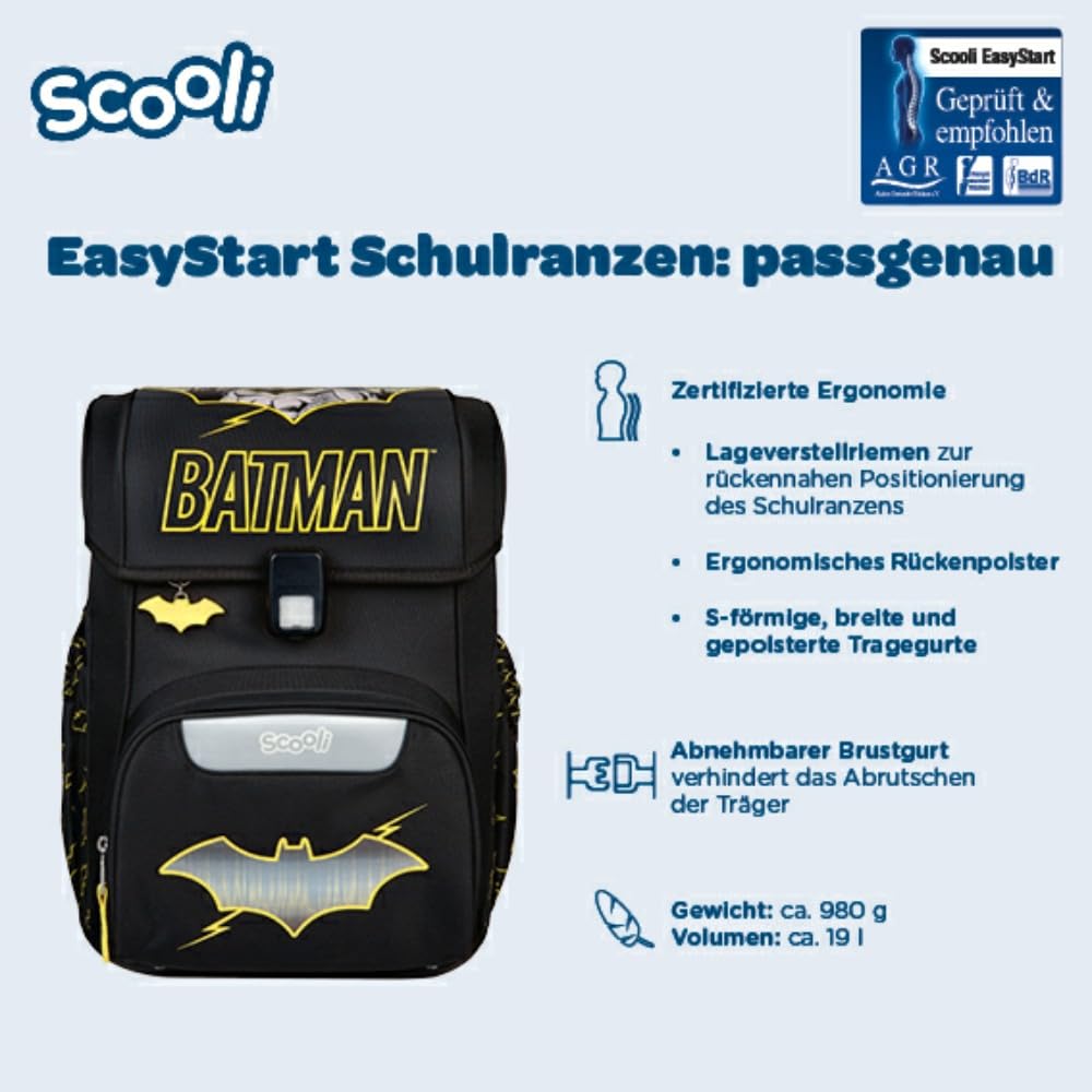 Scooli Schulranzen 1.Klasse Jungen EasyStart Schulranzen- Set (Batman 10tlg. mit Sporttasche, Brotdose, Trinkflasche, passend Plüschtier, Schultüte)