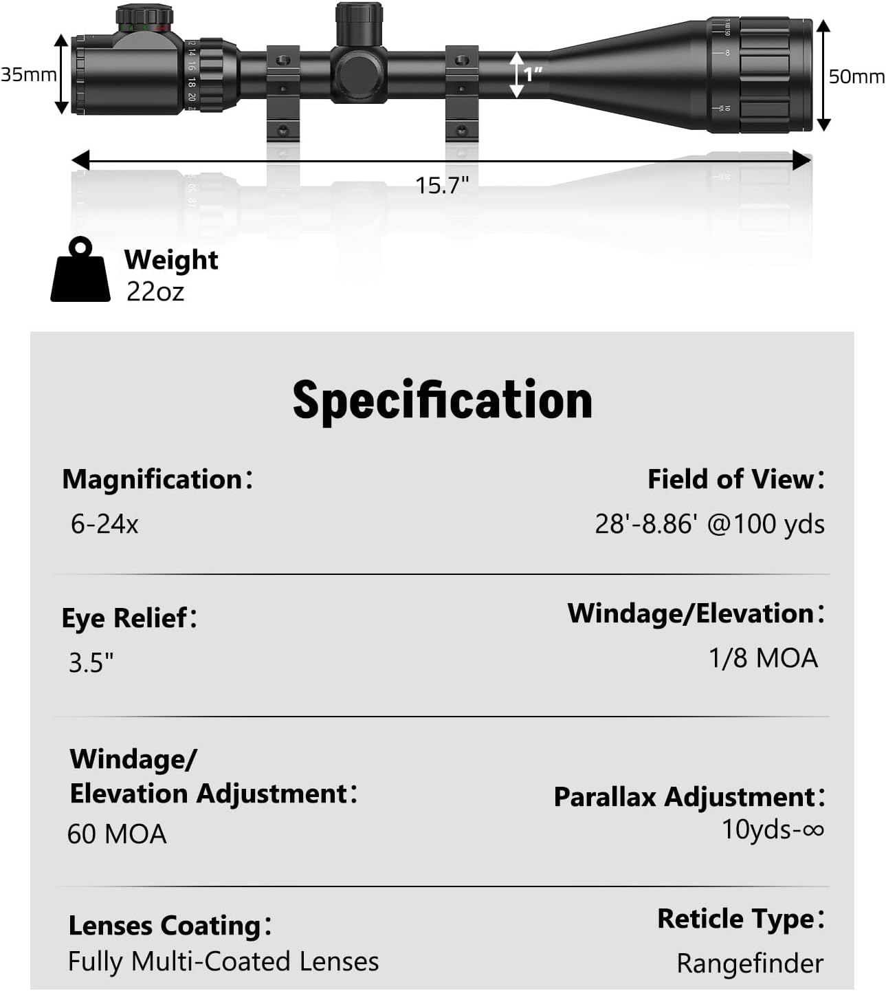 MidTen 6-24x50 AO Rifle Scope for Hunting - Red and Green Illuminated Long Range Scope - 1 inch Tube SFP with Rings