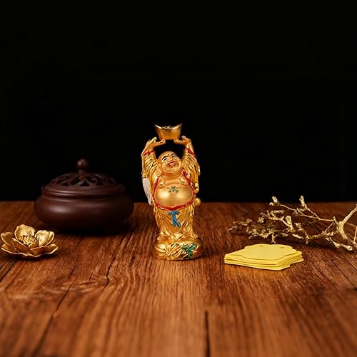 Miniatura 8 de BRABUD Resina Feng Shui Golden Laughing Buddha sosteniendo lingote estatua riqueza suerte decoración de oficina en casa regalo coleccionable 4.7 ''