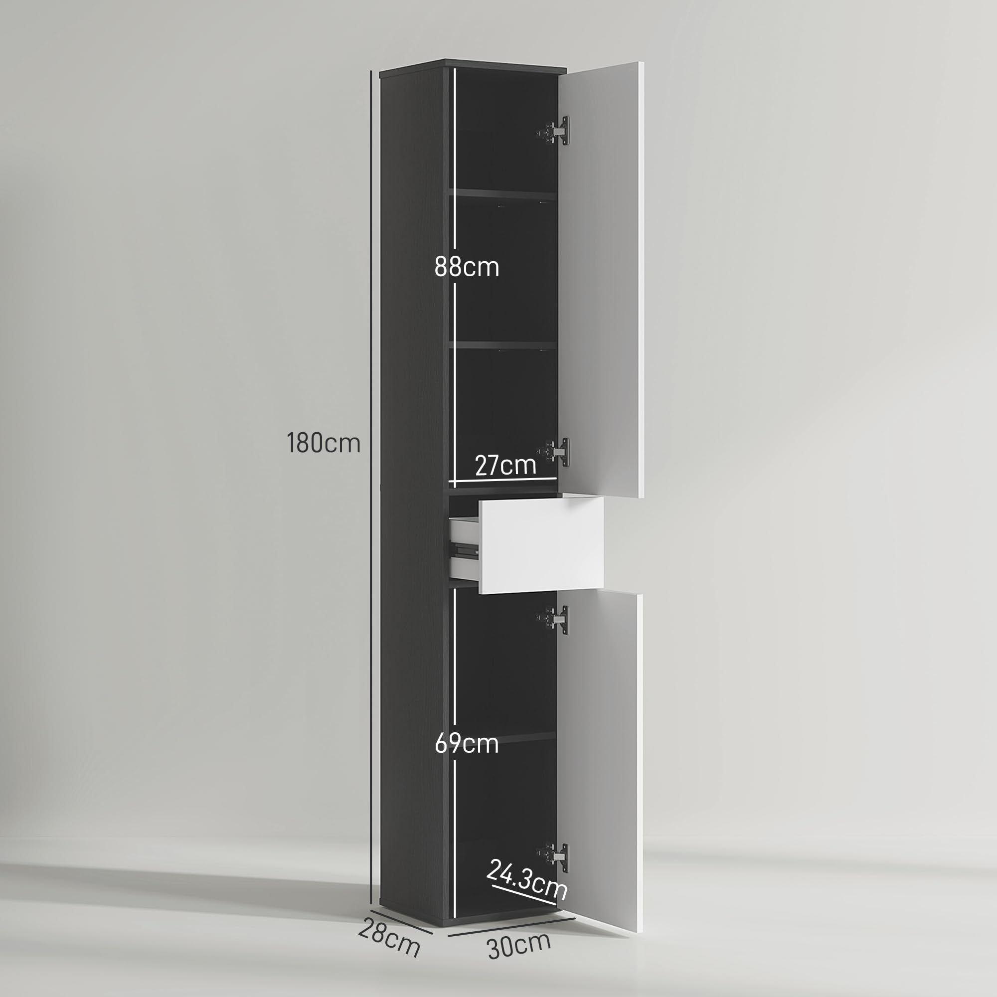 kleankin Colonne de Bain avec 2 armoires et tiroir 30x28x180 cm Noir