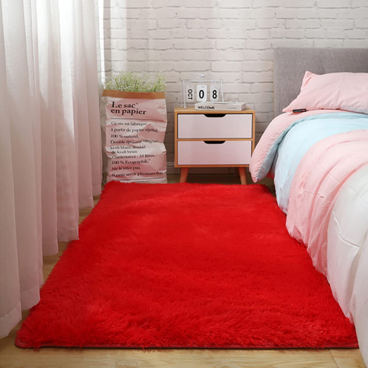 Tappeto Morbido per Camera da Letto, Tappeto Soffice, Tappeto a Pelo Lungo per Soggiorno, Tappeto Peluche per Bambini Ragazze e Ragazzi, Tappeto Shaggy per Camera da Letto, Rosso, 79 pollici x 118
