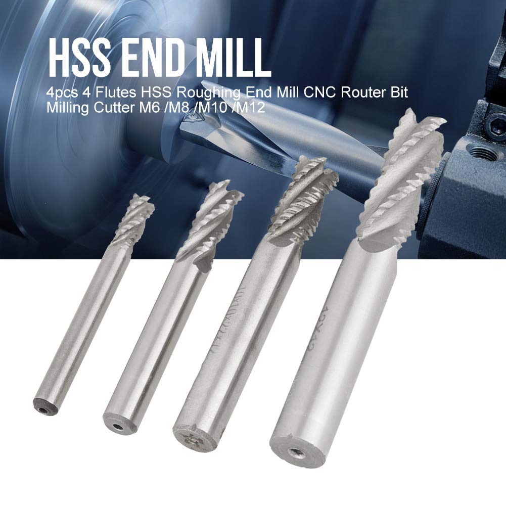 BORDSTRACT 4-teiliges 4-schneidiges HSS-Schruppfräser-CNC-Fräser-Set, M6/M8/M10/M12 Fräser zum Schlitzen und Lochbohren