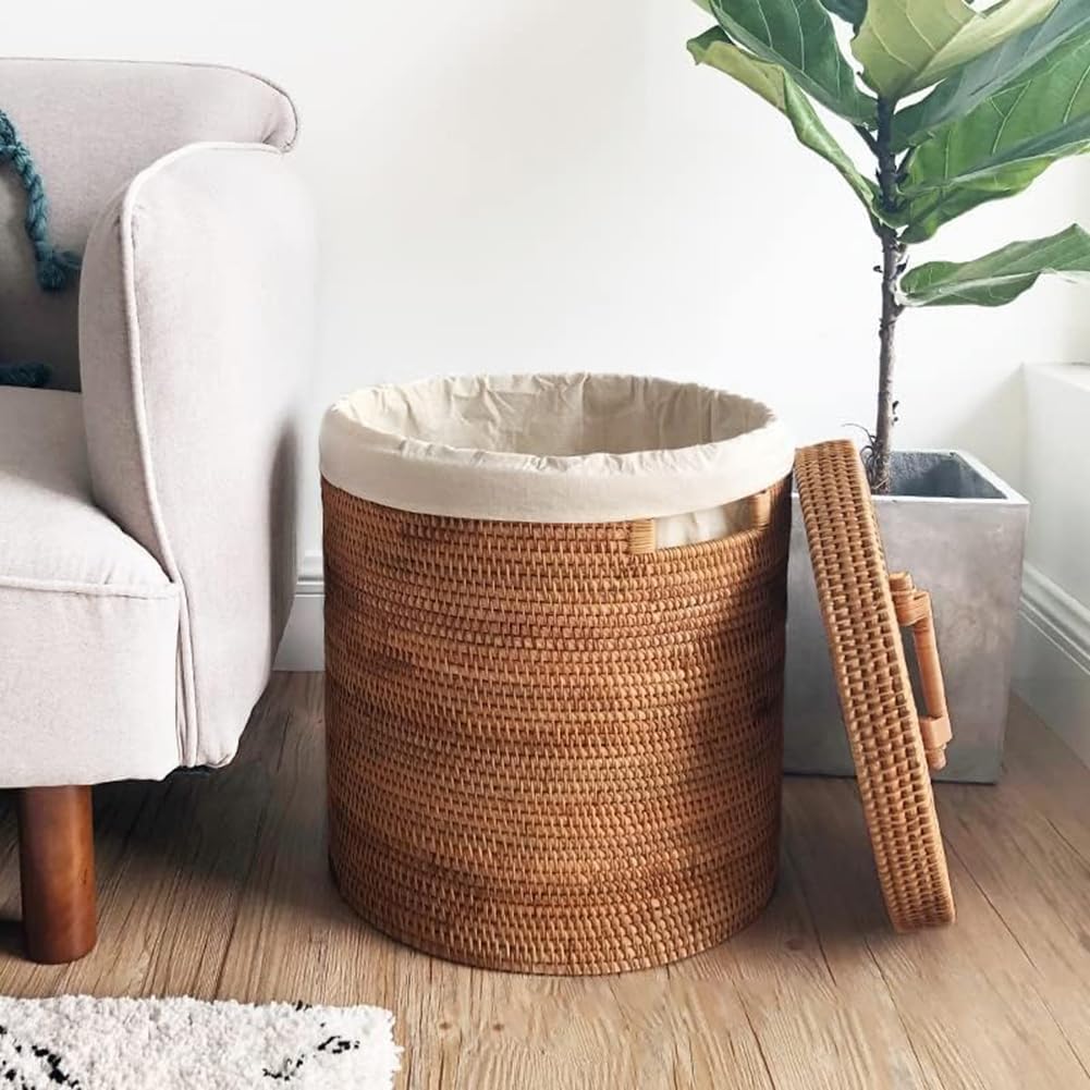Runder Wäschekorb aus Rattan, handgewebter Schmutzwäscheeimer mit Deckel und herausnehmbarer Innentasche, Spielzeug-Organizer im japanischen Stil für Schlafzimmer