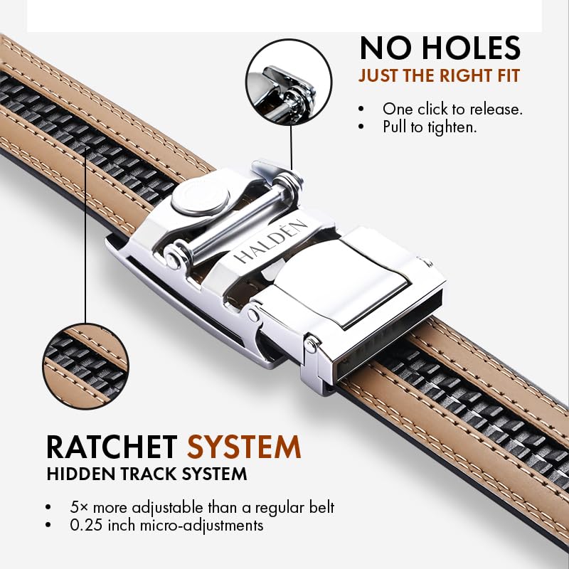 Image of HALDEN THEO Tan Belt For Men Leather Original (Adjustable Fits Up to 44 Inch Waist) Ratchet Strap with Classic Buckle & Magnetic Auto-lock