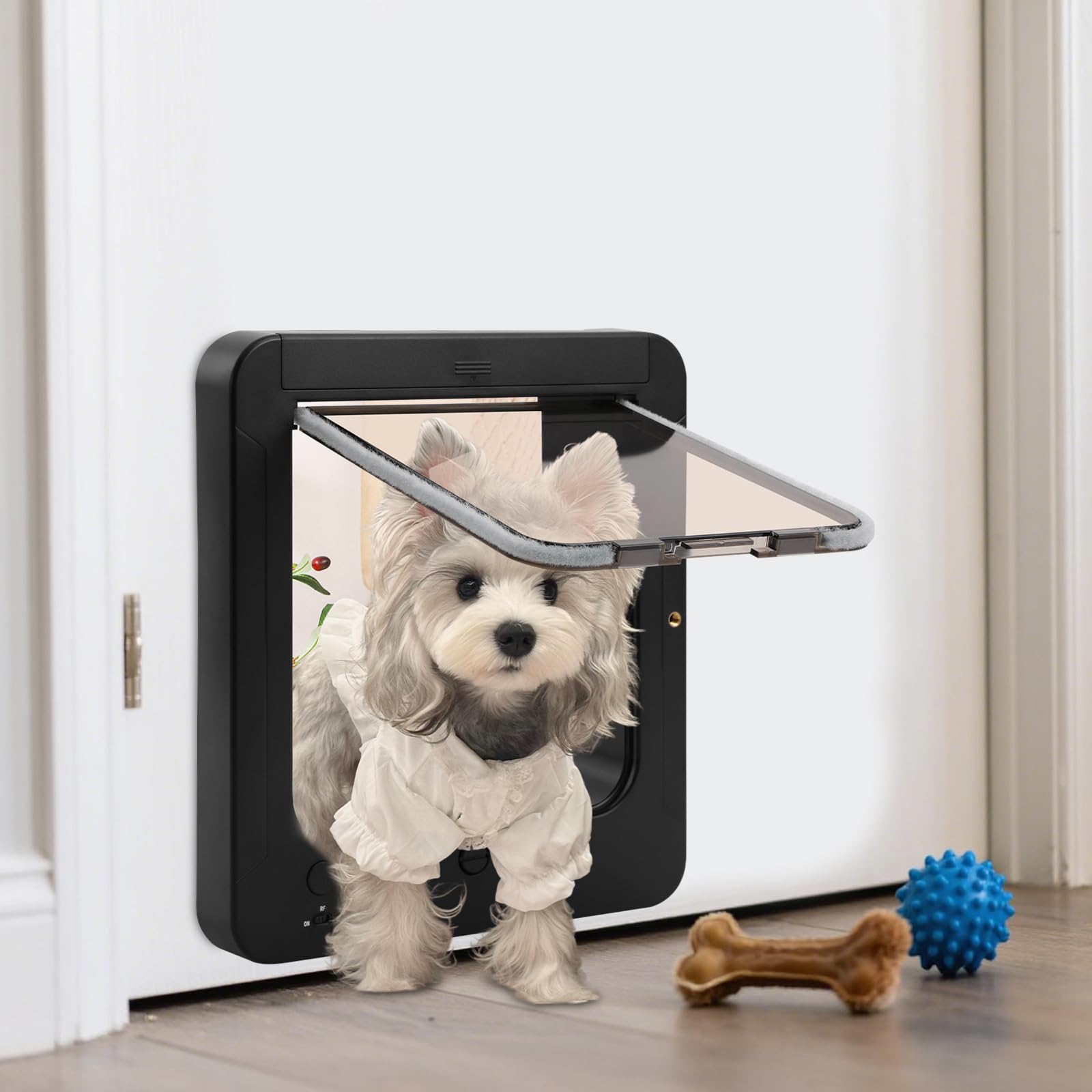 Mikrochip Haustierklappe mit RFID-Halsbandanhänger, 4-Wege Katzentür zur Installation in Türen, MIT Fernbedienung, für Katzen und kleine Hunde (Schwarz)