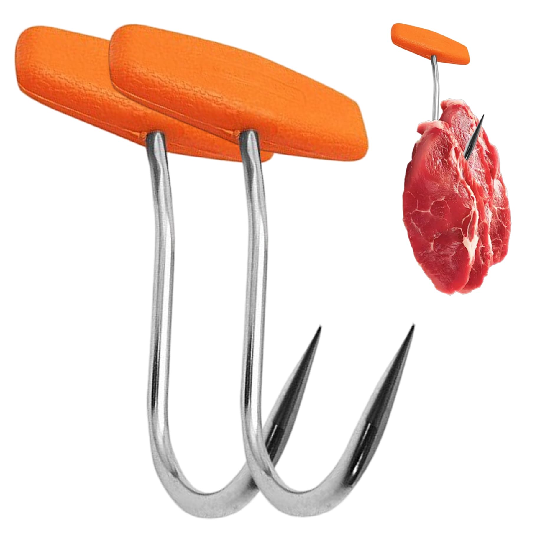 Azidweryq Orange 2Pcs Meat Hook For Butchering 5 Inch T-Shaped Meat Hooks With Handle Stainless Steel Butcher Shop Tool Kit Hooks For Hanging