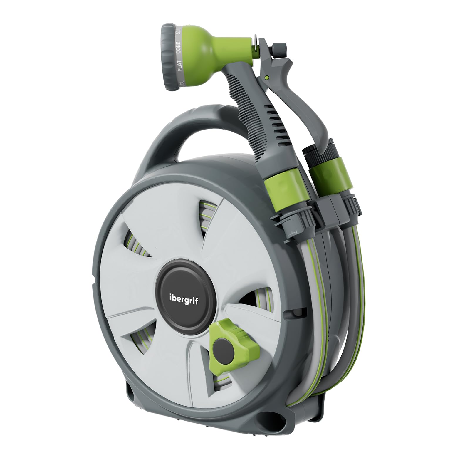Ibergrif M22220 Garden Hose Reel 10M, Hose Pipe Reel with 8 Adjustable Spray Gun Nozzles, Compact and Portable, for Watering Garden, Flowers, Cars