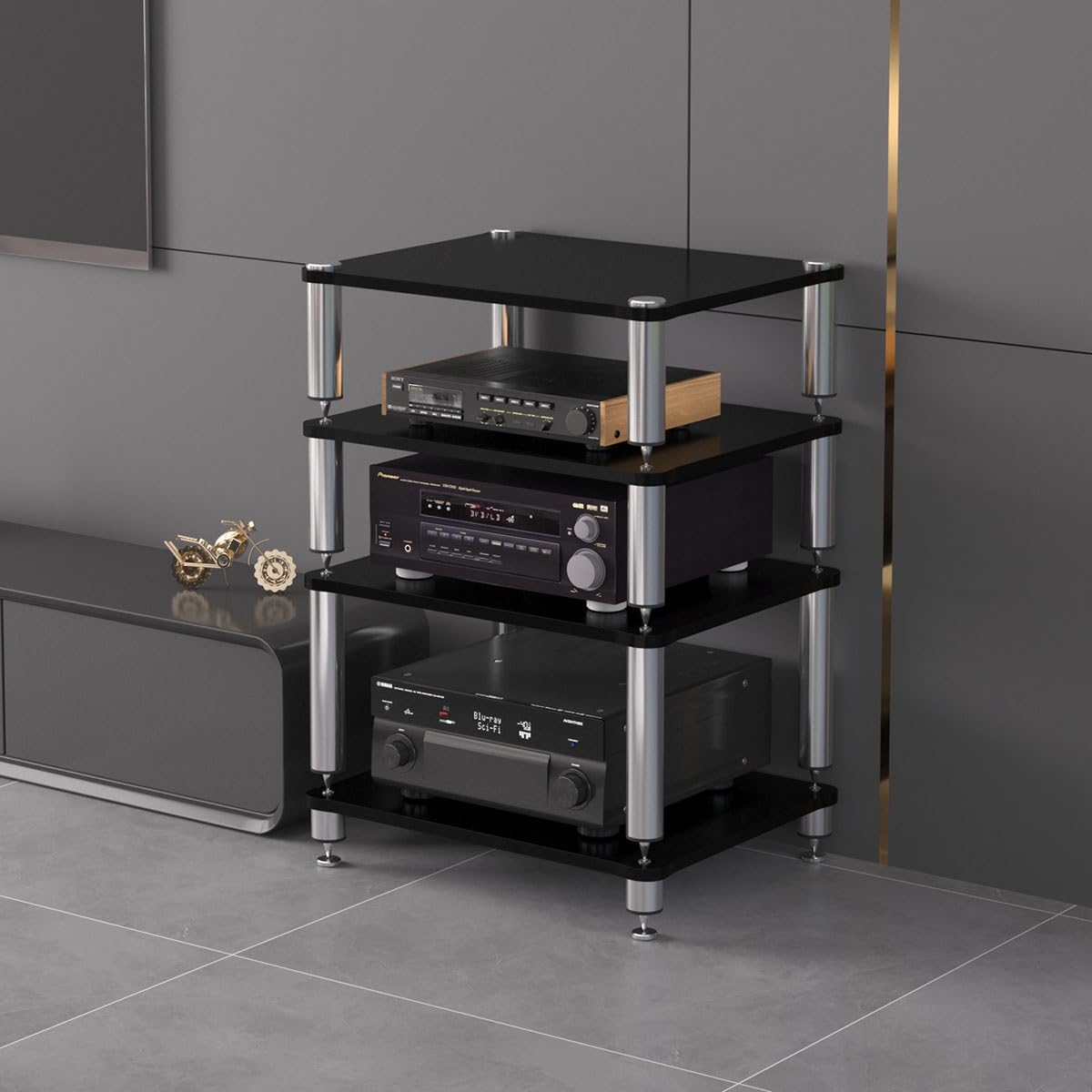 Mini HiFi Stand Rack, Mueble Equipo HiFi Estéreo Supports, Soporte Multimedia AV De 1 2 3 4 Niveles Con Estantes Ajustables, Estantería AV Media Stand Con Pies Amortiguadores Mueble Hifi Tv(Black,H10c