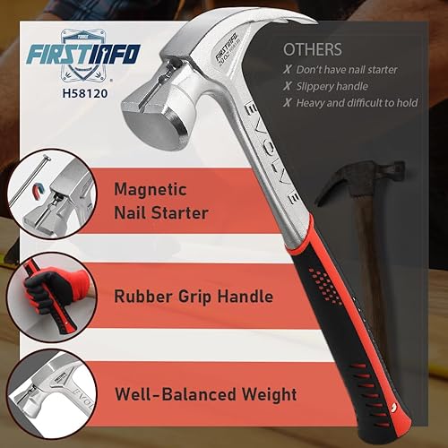 Miniatura 2 de FIRSTINFO H58120 - Martillo de garra curvo patentado de una sola pieza de 20 onzas con soporte magnético para uñas y agarre de reducción de golpes,