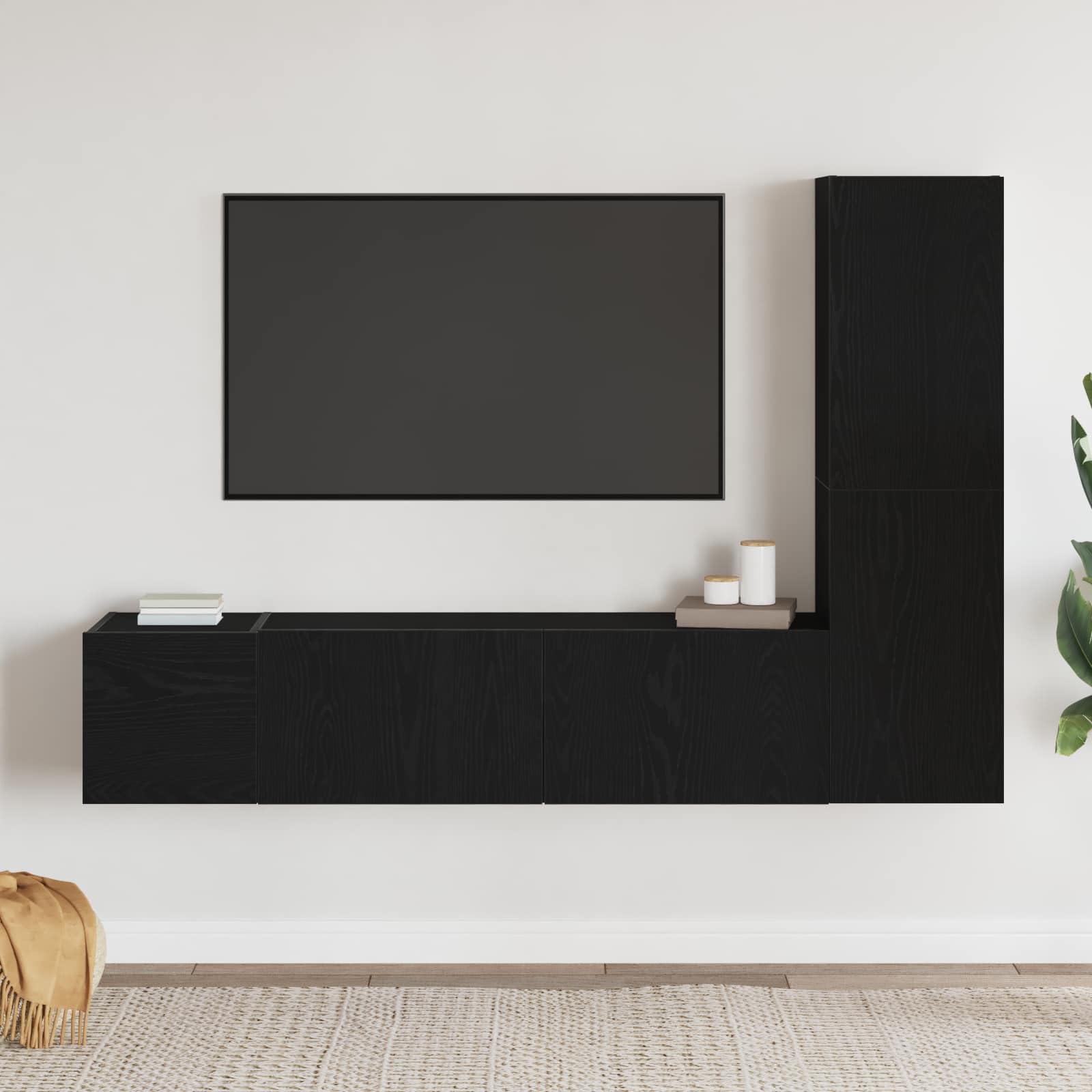 Lot de 4 meubles TV suspendus au mur - Meuble TV moderne - Aspect chêne noir - Étagère TV robuste en bois - 130,5 x 30 x 140 cm
