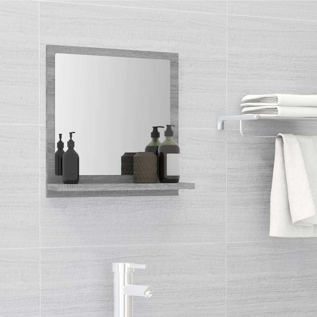 Specchio da bagno grigio Sonoma con ripiano, 40 x 10,5 x 37 cm, in legno e vetro, montaggio a parete, per bagno degli ospiti, WC con spazio e organizer per cosmetici