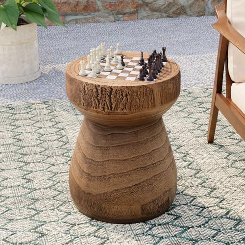 COSIEST Outdoor Side Table w Chessboard 14Concrete Faux Wooden Garden Stool Lightweight Decor Outdoor Round End Table Plant Stand for Garden and Deck Brown