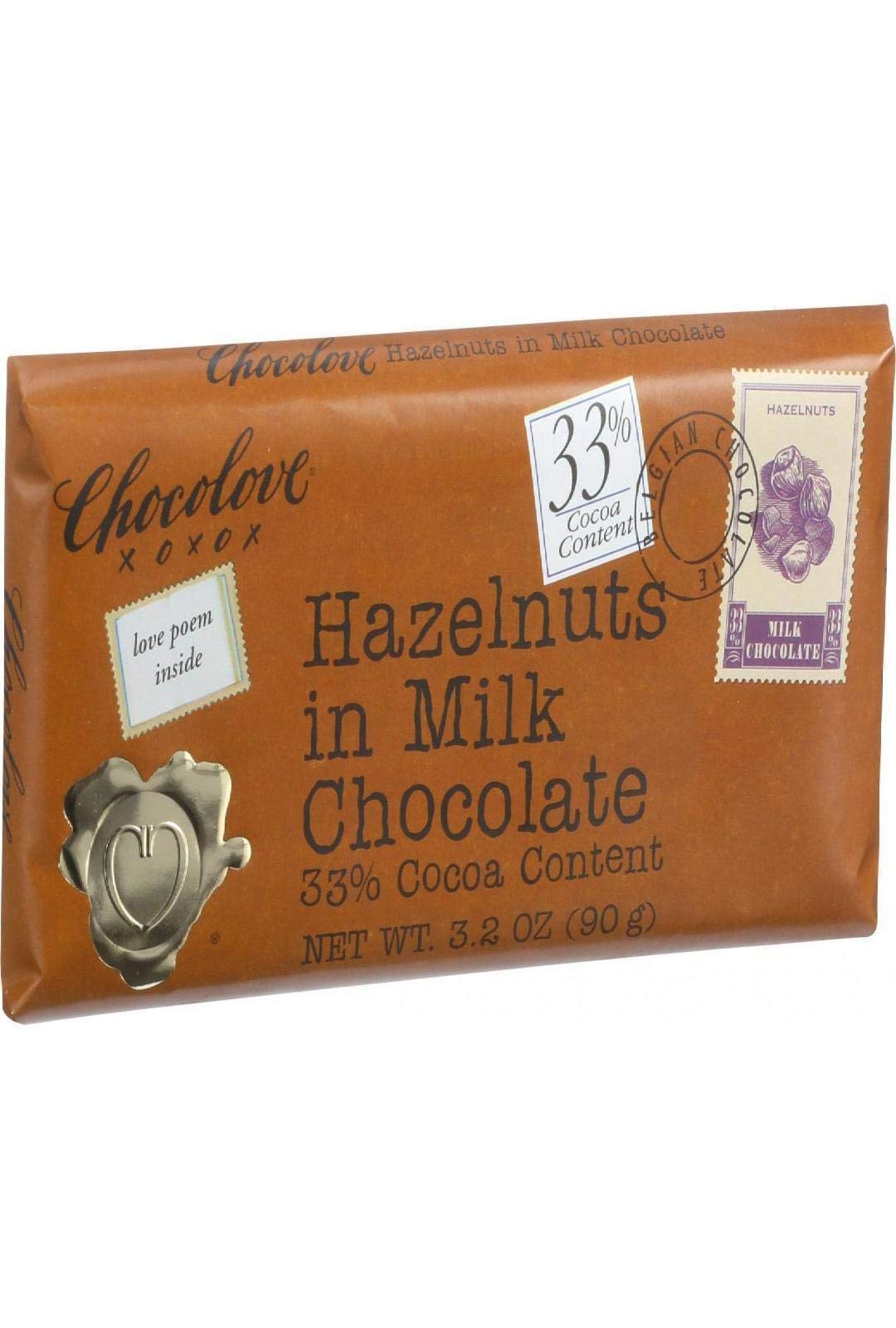 Chocolove Xoxox Premium Bar, Milk Chocolate, Hazelnuts, 12 Count