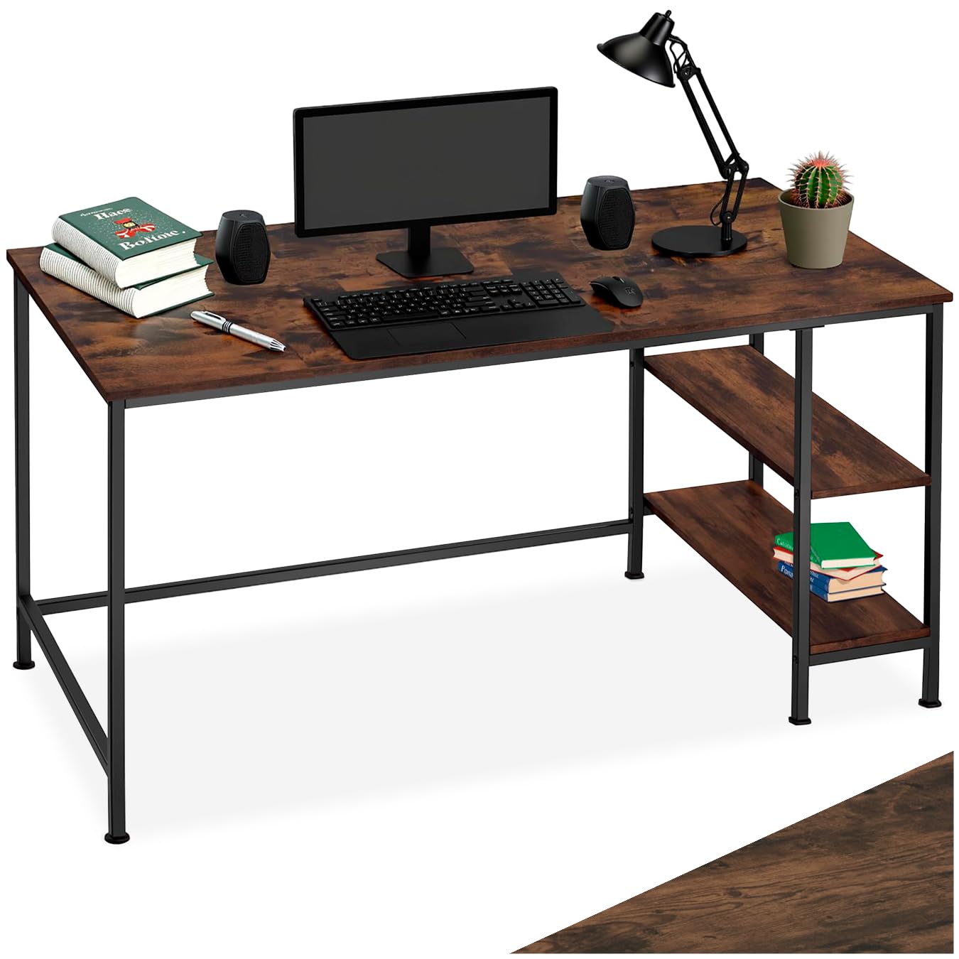 tectake® Computer Desk with Side Storage Shelves, Modern Home Office Desk with Rustic Wooden Look & Stable Steel Frame, Ideal as Bedroom, Home Office & Study Table, 140 x 60 x 76.5 cm - Dark Wood — image 1