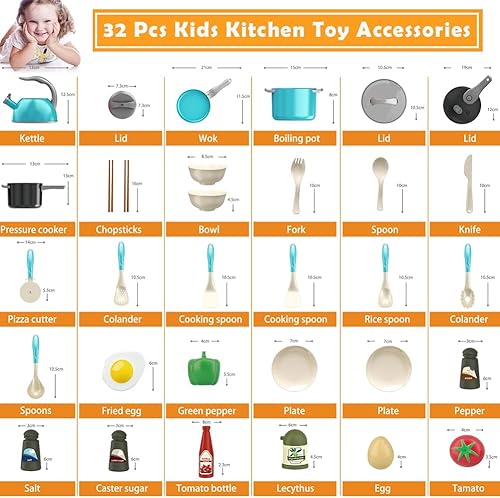 Miniatura 3 de Bruvoalon Juego de 32 juguetes de cocina para niños, accesorios de cocina con ollas, sartenes, utensilios de cocina, alimentos, verduras enlatadas,