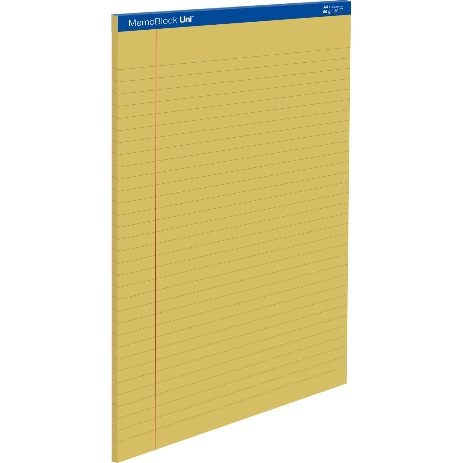Unipapel | Zestaw 5 notatek prawnych A4 | 50 arkuszy | 8 mm w paski z marginesem | papier 60g | kolor żółty | mikroperforowane arkusze | 29,5 x 21 cm | Wytrzymała płyta kartonowa | MemoBlock Uni