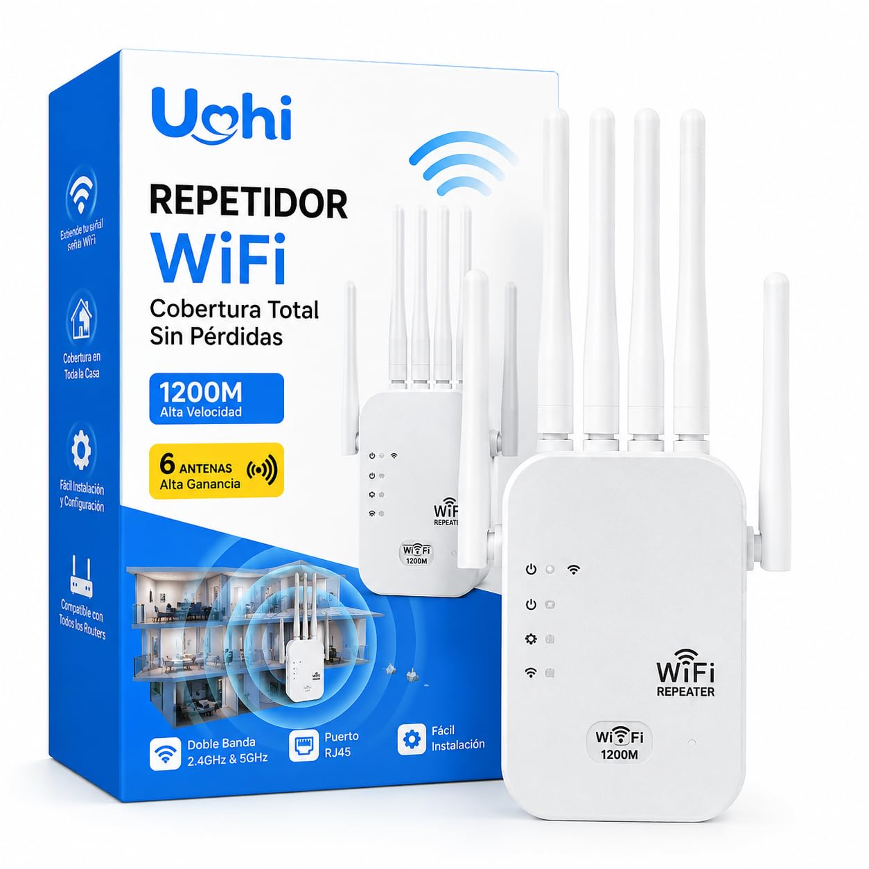 2026 New WiFi Repeater 1200Mbps, 2.4GHz & 5GHz Long Range WiFi Signal Booster with 6 Antennas, Extender up to 120m2, Simple WPS Setup, for Home and Small Office (1200M)