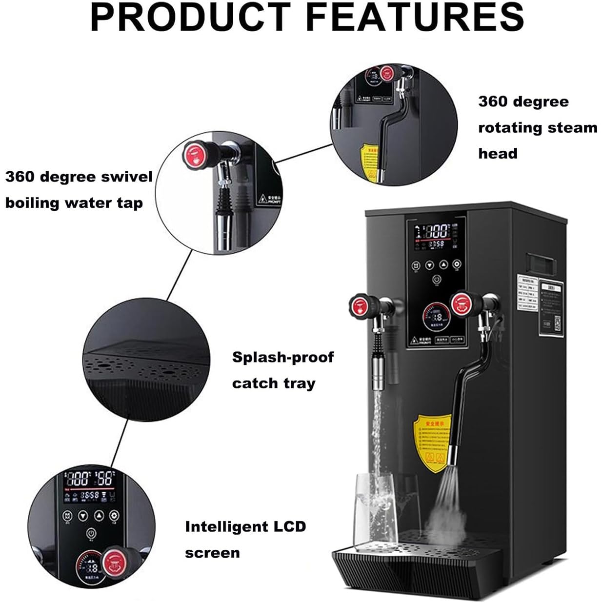 Espumador de leche eléctrico 4 en 1, de acero inoxidable, de 12 l, con pantalla táctil LED, para café con leche, capuchino y leche de frutos secos, color negro.