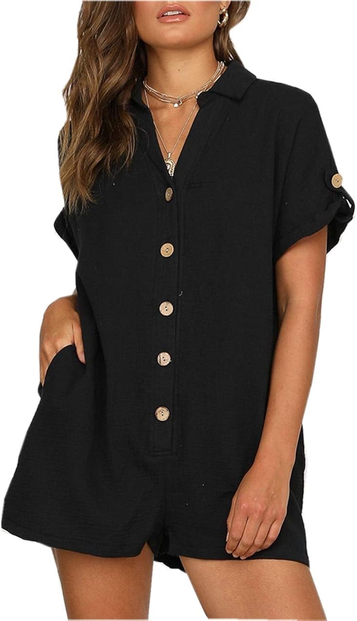 Short sleeve button up romper Clearance